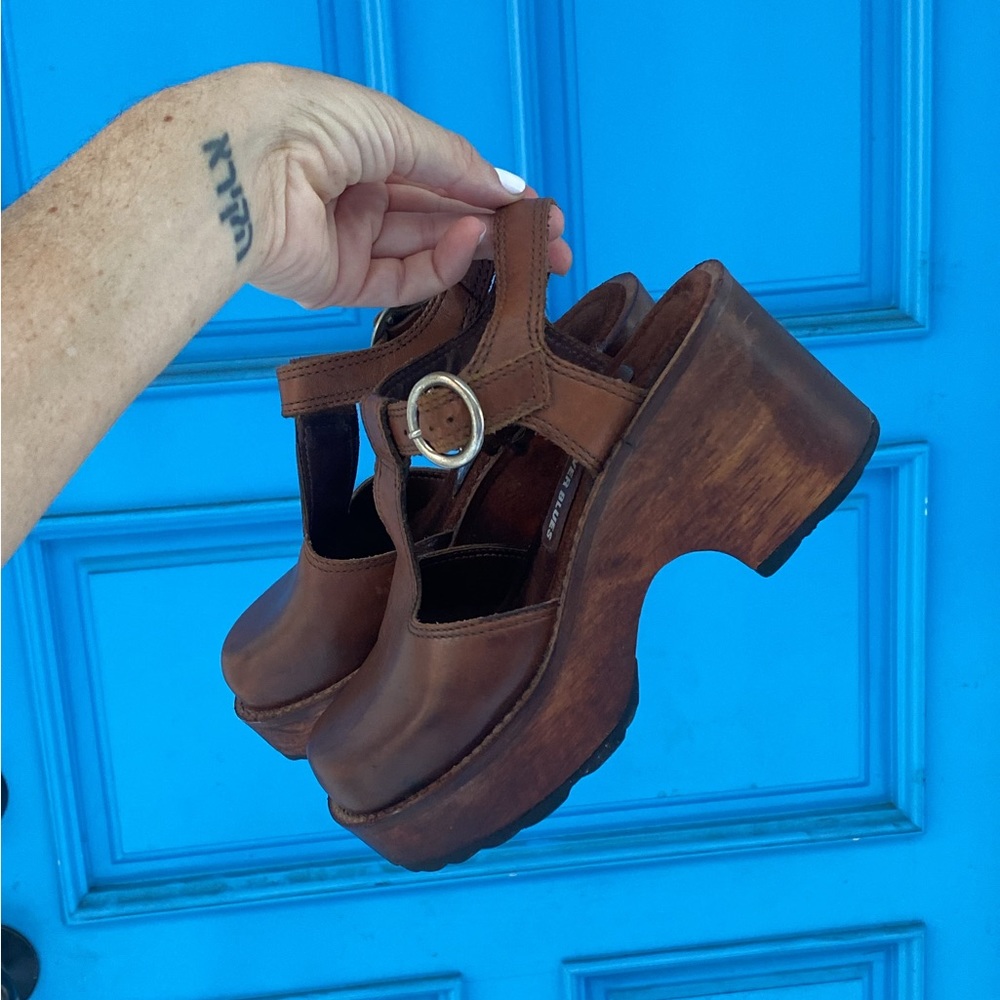 Canyon River Blues Leather Platform Clogs Wood Shoes